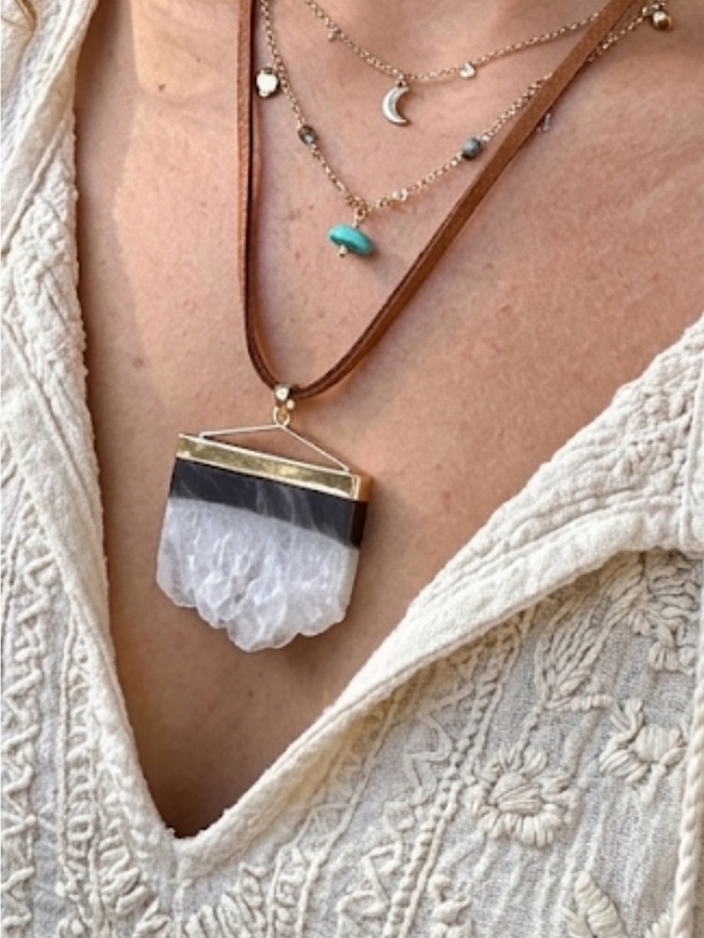 Bohemian Gold & Brown Leather Pendant Necklace with White Crystal